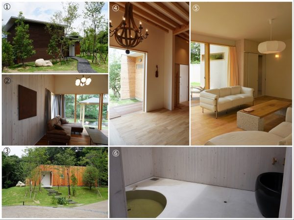 ①木造建築にコールテン鋼を合わせた「鉄景」の外観。時がたつにつれて出てくる鉄さびによる風合いが楽しみ<br>②鉄のアートが飾られた「界鉄」。ソファーなどの色も鉄さび色をイメージしている。奥に見えるのは露天風呂。地下1,200ｍから43℃の源泉を汲み上げており、泉質はアルカリ性単純温泉で、肌がつるつるになるといわれる<br>③「颯木」は敷地の西端に位置し、森に囲まれた雰囲気もいい<br>④国産杉の香りに癒される「木刻」。照明も木を使用して統一性を持たせている<br>⑤漆喰をテーマにした「白露」<br>⑥漆をテーマにした「玄漆」のみ、露天風呂のほかに特注した黒漆の浴槽が備えられている