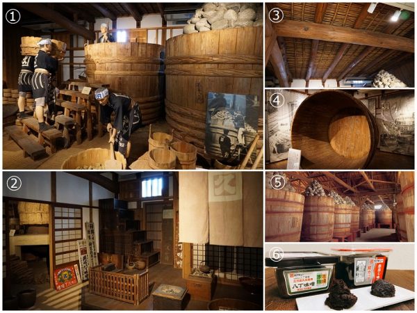 ①昔の味噌造りの様子。木桶など実物大。写真手前の人形が再現しているのは豆こうじに塩水を混ぜているところ。カクキューが作るこぶし大の“味噌玉”は、一般的な豆味噌と比べて大きめで、大きな味噌玉を作ることで微生物を多く抱え込み、独特の風味が出るという。右端は仕込みを終えた木桶の再現で、上には緻密に積み上げられた重石が。一般的な豆味噌の場合、重石は仕込み重量の4分の１～3分の1程度といい、水分を少なくする八丁味噌の特色が出ている②再現された昔の店先③竹製の天井④味噌の熟成に使っていた木桶。もともと木桶は日本酒の醸造に使われ、20年ほど経って劣化で酒が漏れるようになると、それを味噌や醤油の醸造元が買い取るという循環ができていた。しかし、戦後は木桶を使うところが減少し、現在、このように大きな木桶を作るのは大阪の1軒のみに。カクキューでは変わらず木桶のみを使用している。この木桶は1839(天保10)年に作られたものだが、カクキューではわずか5年後の1844(天保15)年に作られたものが現役で使われている。ちなみに、木桶の寿命は約150年⑤現在の熟成蔵。長年使いこまれた木桶に、昔と変わらぬ石積みの重石がされている(写真提供：合資会社八丁味噌)⑥カクキューの商品。手前が八丁味噌、奥は八丁味噌をベースに米味噌を合わせた赤出し味噌。赤出し味噌は柔らかいため、機械で袋詰めなどできるが、固い八丁味噌は機械が使えず、現在も手作業で詰めている