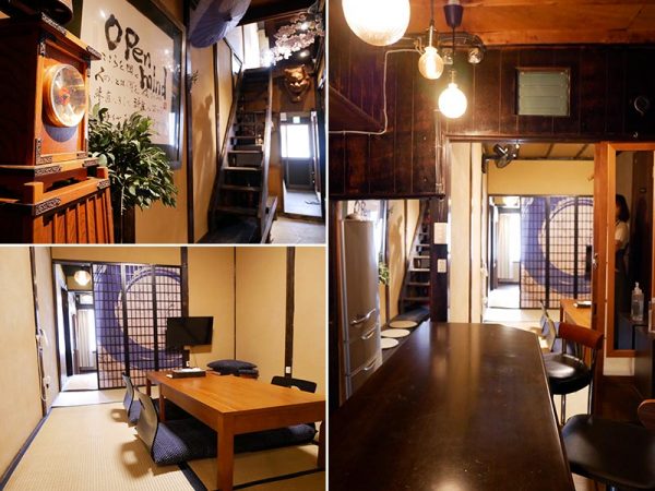 【左上】古時計や般若のお面など、レトロな置物はご近所さんからいただいたものだそう。<br>「この辺りは下町気質というか、面倒見のいい方が多くて。いろんなものを持ってきてくださるんです。地域の方にも応援してもらえているようでうれしい」と菊池さん。宿の雰囲気に合うだろうからと、ご近所の方が寄付してくださった船箪笥や火鉢なども宿の中に飾られている<br>
【左下】ファミリーでくつろげる和室<br>【写真右】キッチンにはbarのような雰囲気で使えるカウンターが作られている