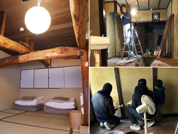 リノベーションが得意な人たちが集まって、大がかりな改修が行われた。左の写真は中2階の部屋。仕切りのベニヤ板を剥がしたら立派な梁が現れた