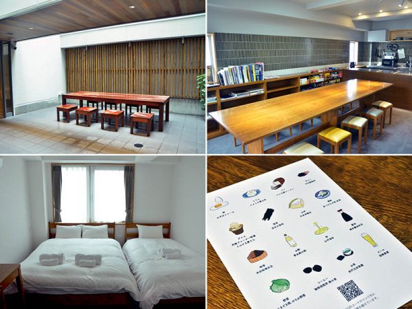 左上/ラウンジから客室へ向かう途中には吹き抜けの空間も。朝の光を感じながら、ここで朝食を味わうのもおすすめだ　右上/3階にある共用キッチン。自由に読める本も用意されている　左下/3人で利用できる客室　右下/カフェメニューに使われている調味料や食材の多くを“ご近所さん”から仕入れている。下の二次元コードを読み取ると、取り扱い店舗の情報を見ることができる。気に入った調味料はお土産に購入するのもいいだろう