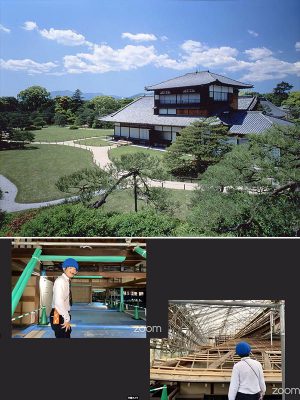 上／修理前の本丸御殿（写真提供；元離宮二条城事務所）　左下／本丸御殿に潜入する磯田先生　右下／文化財の修理工事では建物の上から素屋根を架ける。この位置で間近に屋根を見られること自体が貴重な機会