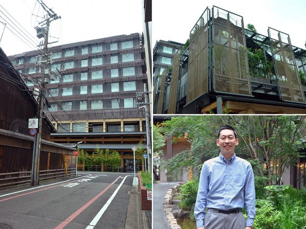 左/エースホテル京都の外観。銅色のルーバーは、京都のまち並みになじむようにと採用されたそうだ　右上/東側の外壁には繊細な表情を演出するためメッシュ素材を設置。光と風を優しく通す環境装置でもある　右下/NTT都市開発　商業事業本部　商業事業部の渡辺修五さん。「お越しくださる方のライフスタイルに合わせて、新風館でお過ごしいただきたいです」