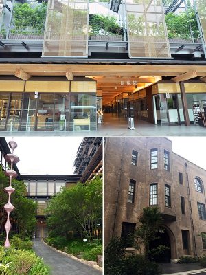 上/東側の出入り口からパッサージュを通り、施設内へ。店舗は全20店。京都でなじみのある飲食店もあれば、関西初出店の雑貨店、京都初出店のファッションブランドも並ぶ　左下/建物に囲まれるように設置された中庭。自然を感じる散歩道としてもぴったりだ　右下/こちらは旧新風館時代から使われている北側の出入り口