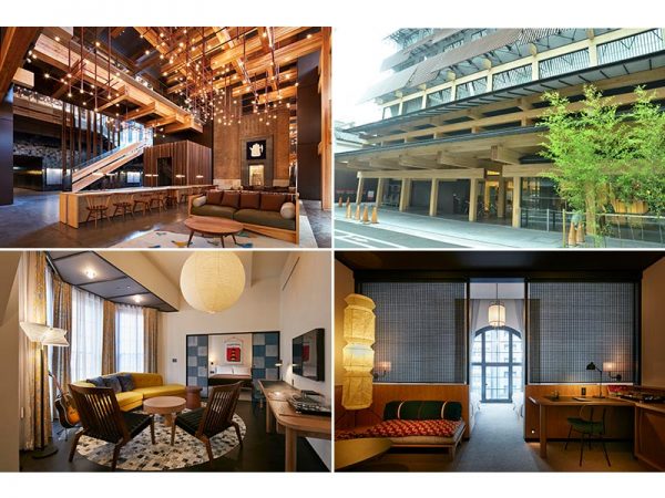 左上/エースホテル京都のロビー。左側がギャラリースペースである　右上/北側にあるエースホテル京都の正面玄関。木材の美しさも目を引く　下/エースホテル京都館内のインテリアデザインは、数々の受賞歴を持つロサンゼルスのデザイン事務所「コミューン・デザイン」が担当。日本を代表するクリエイターも参加している　