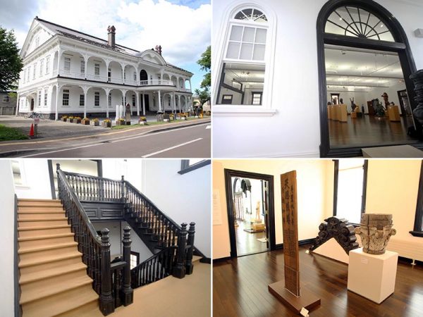 彫刻美術館の外観（左上）、スロープで段差を解消している2階展示室の入り口（右上）、重厚な階段（左下）、新設された資料室（右下）