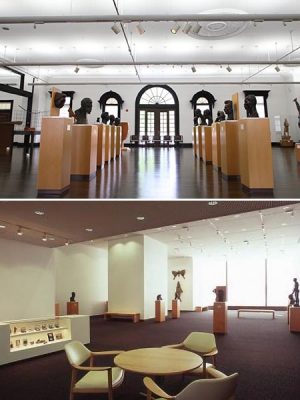 建物と作品の調和が楽しめる彫刻美術館の2階展示室（上）、分館として運営される旭川駅構内のステーションギャラリー（下）