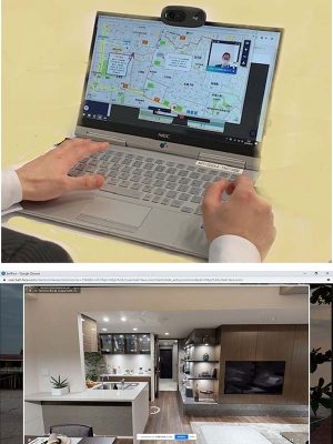 ▲「オンラインだからお客様との関係性が希薄になるのではなく、逆にオンラインならではの継続的な結びつきを構築したいですね。当社としては、販売のチーム、引き渡しのチームと、マンション購入後も組織としてオンラインで相談できる仕組みづくりを目指していきます」と木村さん、夏井さん（写真は操作画面とVRモデルルーム画像）