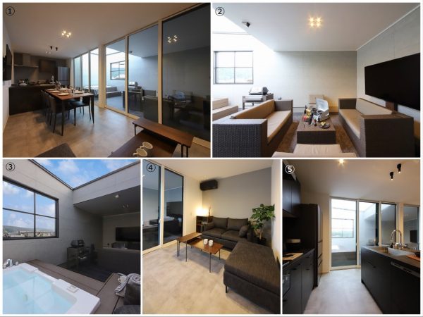 ①リビング・ダイニングとつながるバルコニー。バルコニーの半分は屋根がないので日差しが届きやすく、リビング・ダイニングもとても明るい<br>②グランピングバルコニーの家具は、株式会社PASIOのもの。「屋上庭園をどれだけ楽しく過ごすかというところにフォーカスしている会社です」と羽畑さん。バーナーコンロを中にしまえるテーブル、ソファ、BBQグリルスタンドと統一感があり、リゾートのような雰囲気だ<br>③ジェットバスでリッチな気分に！<br>④リビングスペース<br>⑤キッチンはTJM designのグラフテクトが標準。ボディ部分はメラミン素材で、汚れや傷がつきにくく、お手入れがラク（写真提供：ハウスクラフト）