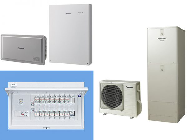 （左上）蓄電池（左下）通電火災の防止感震ブレーカー（右）『エコキュート』　「エマージェンシー沸き上げ」で災害警報・注意報の発令中、タンク内が常にお湯で満水になるよう、自動でお湯の沸き上げを続けるタイプ