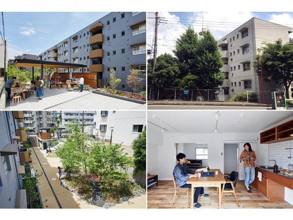 左上／「GREEN BASKET」エントランスの広場。オーナーの子息がここでポップアップショップを開く　</br>右上／エントランス広場と同じ向きから見たリノベーション前の外観　</br>左下／「GREEN BASKET」の庭　右下／住戸のインテリア。ナチュラルでシンプルな内装</br>（写真提供：ブルースタジオ　右上以外、リノベーション後はすべて Photo by Kenya Chiba）