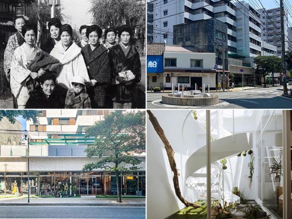 左上／吉原さんが子どもの頃に清川ロータリーで撮った写真　右上／現在の清川ロータリー　左下／清川ロータリープレイスの道路側外観。2階より上が新高砂マンション　右下／リノベーションで清川ロータリープレイス内につくった螺旋階段　</br>（左上･右下写真提供：スペースRデザイン　その他の写真提供：ブルースタジオ）　