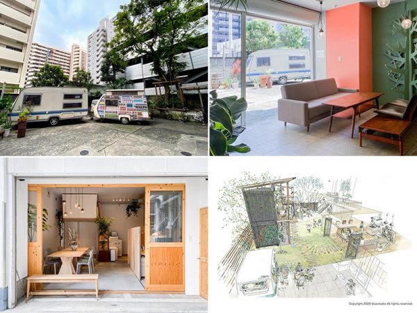 左上／ロータリーパーク。右手にツリーオフィスが見える。周りにはマンションが建ち並ぶ　</br>右上／ロータリーパークに面した共用のラウンジ。今回のイベントではステージとして使われた</br>左下／ロータリーパーク側から見た「SOUQ 」</br>右下／ロータリーパークのリノベーションイメージ（左上以外の写真･図像提供：ブルースタジオ）　