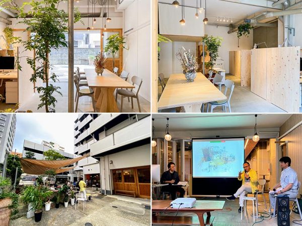 上2点／「SOUQ」内部。2名のスタッフが常駐するほか、シェアオフィスとして2席のブースを設けている。SOUQとはアラビア語で「市場」の意味。市場のようにさまざまな人やモノ、コトが交錯する場所を目指す（写真提供：ブルースタジオ）　</br>左下／イベントが開催された「新高砂マンション」1階の「ロータリーパーク」。現地会場は屋外に間隔を開けて座席を設置。オンラインで各地とつないだ。右手の木製引き戸の奥が「SOUQ」</br>右下／トークイベントの様子。中央が大島芳彦さん、右が吉原勝己さん。左はファシリテーターを務めた鹿児島市のまちづくり会社 KISYABAREE（キシャバリー）代表の須部貴之さん