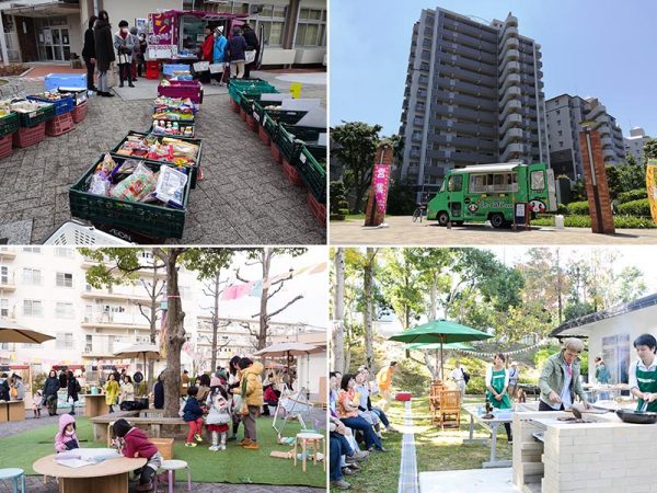 左上／移動販売の様子。神戸市北区の有野団地　右上／キッチンカーも導入。写真はさいたま市のコンフォール南浦和団地。ほかの団地でも様々なキッチンカーが導入されている　左下／泉北ニュータウン内、泉北桃山台一丁団地で開催されたマルシェの様子。「多世代がゆるく集まれるイベントは、今後も必要だと思う」と小正さん　右下／箕面粟生第三団地のバーベキューガーデン。災害時の炊き出しにも使える</br>（写真提供：UR都市機構）