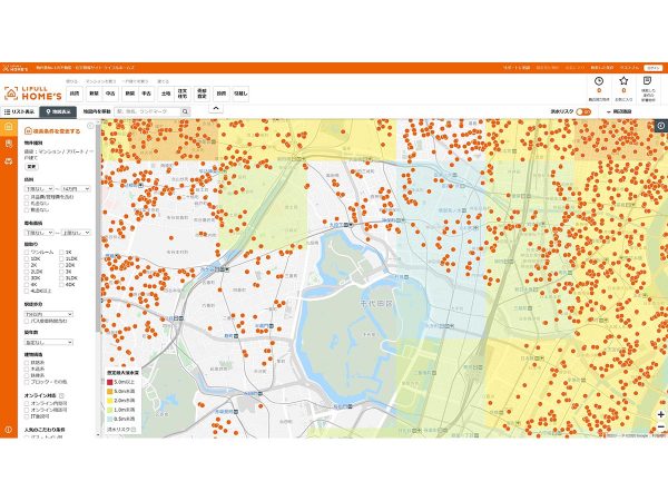 パソコン版の画面。「LIFULL HOME’S 地図から探す」から、画面の右上にある「洪水リスク」をONにすれば、洪水ハザードマップが表示される