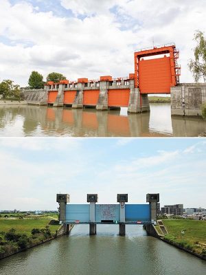 上/水門が赤いことから「赤水門」の名がついている初代の岩淵水門<br>
下/初代水門の下流側に設けられた二代目の岩淵水門。「青水門」と呼ばれている