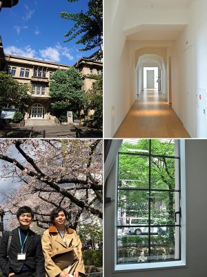 左上/工事前の元・立誠小学校外観。角倉了以の胸像があるのがわかる。右上/館内の廊下も小学校の面影を残している。左下/ヒューリック株式会社の大久保立樹さん（左）と寺嶋峻正さん（右）。元・立誠小学校で行われた桜まつりでの1枚。右下/既存棟の窓枠は当時の雰囲気を再現するため、旧小学校のデザインを踏襲した