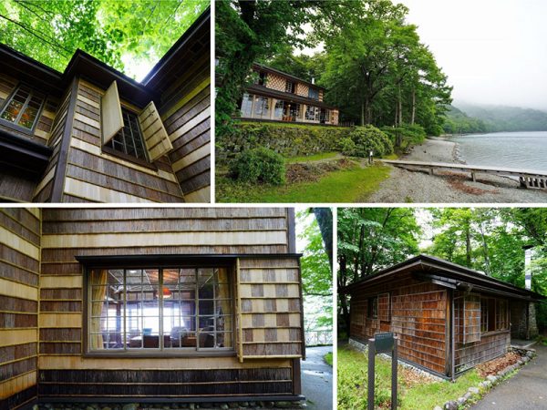 ▲「レーモンド設計というと、石造りの重厚なイメージがありますが、日光杉の杉皮を使った建物はおそらくここだけでしょうね。地元の材料を使用し、地元の大工さんを使うことで、地元の職人さんたちの技術も継承していきたいという想いがあったと思います」と和田さん。左上の3枚は戸袋の市松模様が特徴的な本館。右下は大使に随行した使用人が宿泊するために建てられた副邸だが、副邸の外装・内装にも当時から杉皮が使われていたという（現在副邸は資料館として公開中）