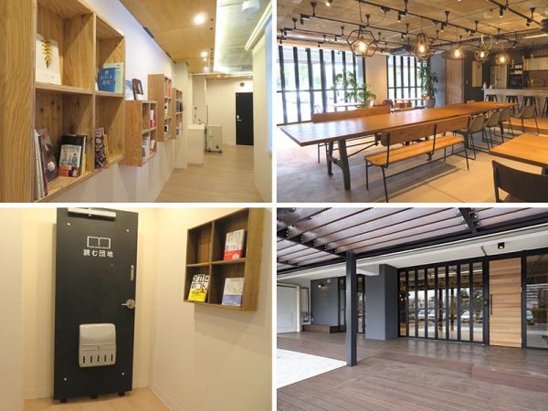 左はマイブック図書館。館内でものすごく趣味の合う棚を見つけてもしや！と思ったら、なんと知り合いの棚だった！下の写真はかつてのドアをディスプレイしていたのが面白かったので撮影。右の2点はコミュニティラウンジ。地域で活用される日が楽しみだ