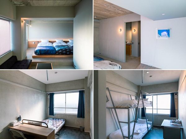 上の2室は5階の客室。右上の写真の壁にかけられているのが作家の作品だ。下の2室はスタッフや作家がセルフリノベーションした4階の客室　photo by hanako kimura