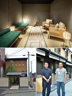 上/レセプション棟フロント横にある石庭。キャスター付きのトランクでも移動しやすいよう、植栽や砂利を使わずフラットな自然石とシンボルの岩で構成されている。設計者は、東福寺（京都市）の方丈庭園などを手掛けた重森三玲さんを祖父に持つ作庭家・重森千靑さん　左下/門と柳がシンボルの「Nazuna 京都 椿通」入り口。レセプション棟の瓦の
上には、京都の町家でよく見かける魔除けの“鍾馗さん”の姿も　右下/株式会社Kirakuのサンドバーグ弘さん（右）と山野恭稔さん
