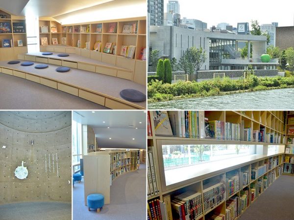 左上/階段下のスペースは「ちいさなこどもたちのためのほんだな」と名付けられている。天井が低いので、大人が入るときは要注意だ　右上/堂島川方向から「こども本の森 中之島」をのぞむ。右に見える青いりんごは安藤忠雄さんがデザインしたオブジェ。「挑戦心にあふれる青春のシンボルとして多くの人に触れてほしい」との願いが込められている　下左/休憩室の壁に映し出されているのは『星の王子さま』（ サン＝テグジュペリ）の一節。次々と変わる映像が物語の世界へと誘ってくれる　下中央/曲線を描く本棚。室内でも中之島の自然を感じられる工夫だ　下右/子どもの目線に作られた窓。子どものための施設ということがよくわかる