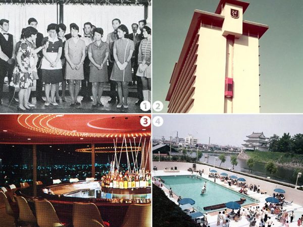 ①開業時のテレビ取材の様子。ハイカラな制服が話題を呼んだ<br>
②日本初といわれる展望エレベーターは、11階の「クラウン」まで外から直通で行けるつくりとなっていた<br>
③「クラウン」の中にあった回転バー。360度の景色を見ながらお酒を楽しむのが当時のステイタスだったようだ<br>
④「ザ・ベストテン」の中継も行われた屋外プール。当時、屋外プールのあるホテルは珍しかったため、各地からお客が訪れたという。30年前の改装により、現在はレストランとなっている