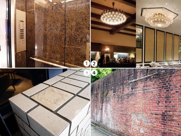 ①ロビー中央にある創業当時から残るエレベーター。西陣織を施した内装がモダンな雰囲気<br>
②大型の球体シャンデリアが残っているのも珍しいとか。残念ながら建て替え後にどうなるのかは決まっていない<br>
③こちらは1988年「天守の間」を作ったときから残る“隠れシャチ”。エントランスの車寄せにあるのだが、スタッフの中にも知らない人もいるのだとか<br>
④ホテルが建つ前、ここには明治時代から続く病院が建っており、昭和になってから時計工場へと変遷を遂げた。今も敷地の北側には時代を感じるレンガ造りの壁が残されている