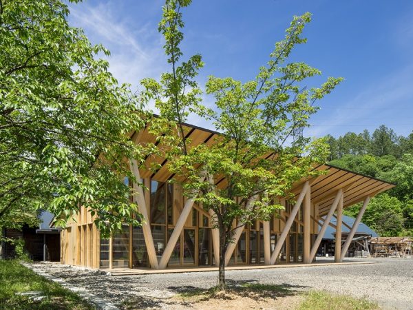 ｍorinosの外観。岐阜県立森林文化アカデミーが保有する33ヘクタールの演習林が周囲に広がり、木々に囲まれた空間となる</BR>（写真提供：morinos）