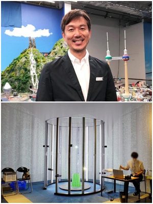 ▲株式会社スモールワールズ マーケティング部執行役員の山田俊太郎氏。建物3階には『移住サポートセンター』があり、住民権を獲得すると3Dスキャナー（写真下）で80分の1のフィギュアが作成され完成後は希望エリアに設置。”ミニチュアの街で1年間暮らす”ことができる