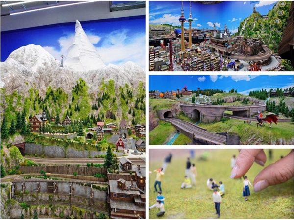 ▲こちらはアジア・ヨーロッパをテーマにした5つの街が集まる『世界の街』エリア。館内では15分ごとに朝・昼・夜と時間帯が変わり、風景の違いを楽しむことができる。建物、道路、橋、人物、樹木、花、動物など、見れば見るほど精巧なつくりだが、開業にあたって約100名のスタッフがそれぞれの得意分野で製作を担当したという（昼の風景と住民フィギュア設置の様子）