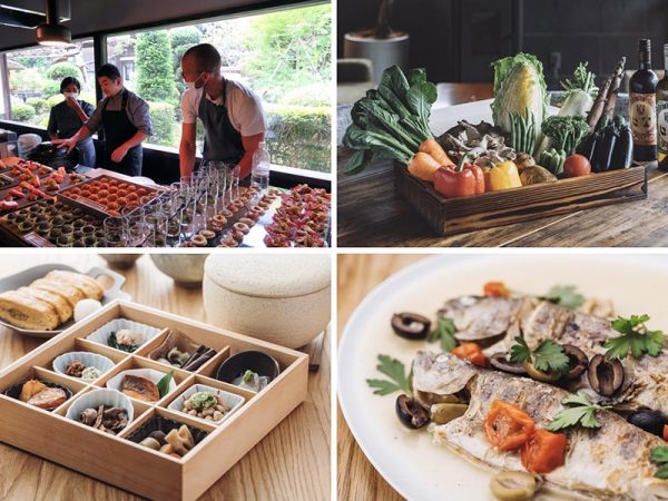 左上がレセプション時の風景。崖の家の場合には小菅村の野菜、川魚、きのこ、県産の甲州地鶏など、15種類程度の食材が宿泊料金にインクルードされる形で用意され、シェフによる料理レシピで自分で作る。自分で好きな食材をプラスするのももちろんあり。追加料金で出張シェフを依頼するという手も。左下は大家で供される朝ご飯。村のお母さんたちが作る日本の味が揃う