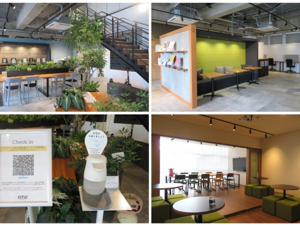 左上から時計回りにone入口。席のタイプはさまざまあり、その時の気分、仕事の内容などで選べる。２階のパブリックスペース。ドロップイン利用者も多いため、入退館はアプリで管理