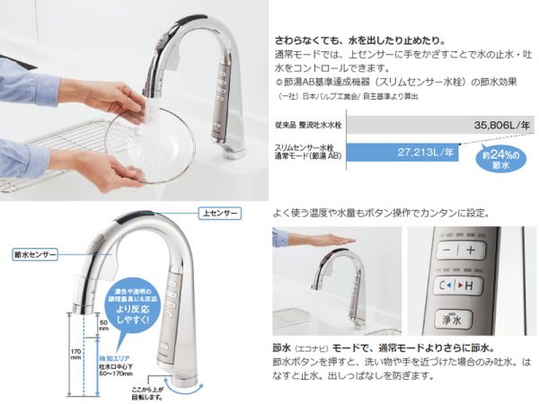 タッチレスで水の出し止めができるので、こまめな節水が可能。スリムセンサー水栓。パナソニック