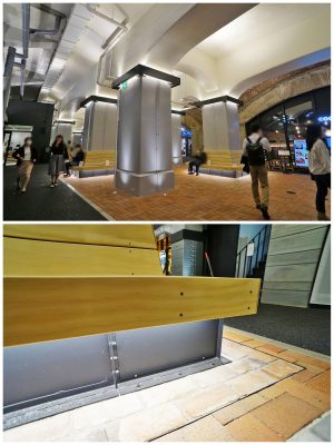 ▲全天候型で雨の日でも傘を差さずに有楽町～新橋間を移動できるため、取材時も近隣の企業に勤める多くのオフィスワーカーが行き交っていた。耐震補強工事で一部撤去した煉瓦は、ベンチの床面の縁取りとして再利用。“100年越しの煉瓦”への愛着が感じられる