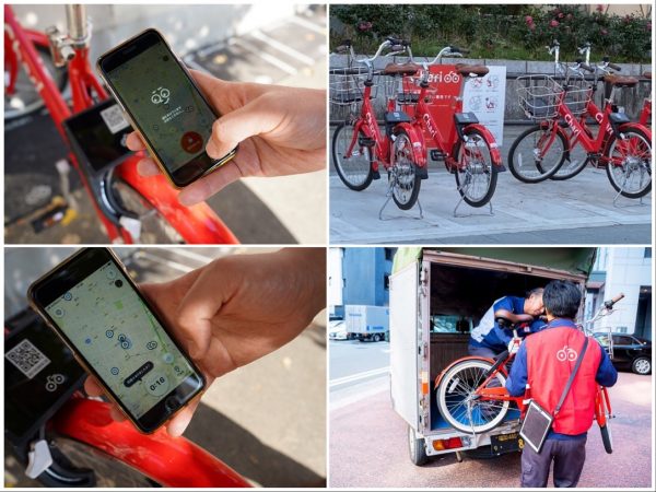 左上／自転車についているQRコードをスマートフォンで読み取り、開錠する仕組み。貸し出し時間は自転車があれば24時間いつでもOKで、事故やトラブルも保険サービスで24時間対応可。左下／専用アプリでは、目的地までのルートを検索することができ、実際に走ったルートとライド料金も表示される。右上／名古屋市役所前のポートに並ぶチャリチャリの自転車。右下／自転車とポートのメンテナンスのため、365日、スタッフが巡回する(左下、右下の写真提供：neuet)