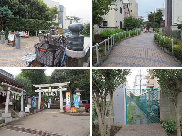 烏山川緑道で見かけたもの。左上から時計回りに、三好達治の時代には木の橋だった太子橋。緑道の周囲には住宅が立て込んでいる。フェンスで囲われている部分は川跡。街中の細長い、フェンスで囲われた土地は、だいたいが暗渠。太子堂八幡神社の鳥居左手にあるのは弁財天。かつては烏山川にかかる弁天橋のたもとにあったのだとか