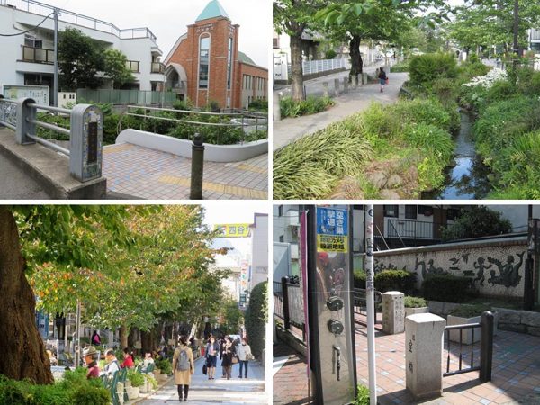 左上から時計回りに蛇崩川緑道、北沢川緑道、桃園川緑道。最後は私のお勧め、九品仏川緑道。自由が丘である