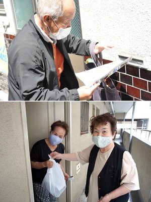 写真上/外出しづらい高齢者宅に、自宅でできる体操チラシをポスティング 写真下/地域で２８年間続く配食活動。コロナの影響下でも継続されている ※写真提供／大阪市社会福祉協議会