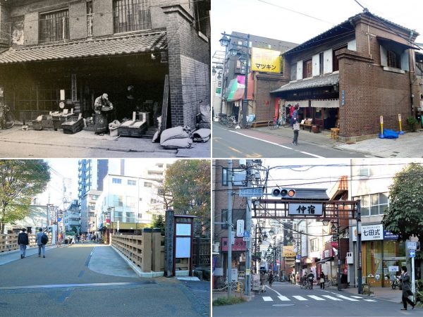 上左）1968年の板五米店（写真提供／向こう三軒両隣）</BR>上右）現在の板五米店。ほぼ昔のままの佇まい</BR>下右）江戸時代、日本橋を出発して、最初の宿場町が板橋宿だった。上宿、仲宿、下宿からなり、中心に位置する仲宿には大名が宿泊する本陣が置かれていた</BR>下左）板五米店のほど近く、仲宿商店街の端にある石神井川には、板橋の地名の由来といわれる「板橋」が架かる