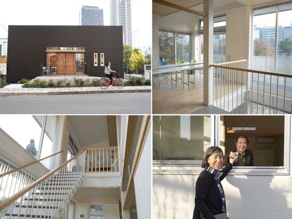 （左上）テラスかんなんの表玄関町側から見た外観（右上）表玄関から入った2階キッチンの眺望（左下）1階2階は吹き抜け（右下）スタジオ宙一級建築士事務所代表・郡 裕美氏と遠藤 敏也氏。1階の窓越しにサービスも可能