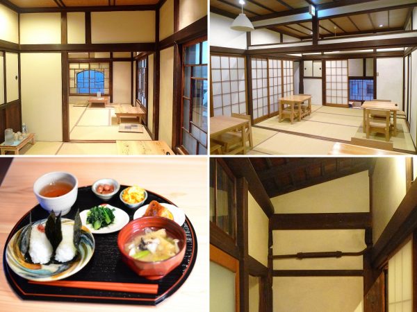 上）2階は住居として使われていた和室。障子を張り替えるなどしてイートインのスペースに。貸し切り利用もできる</BR>下右）このような引張鉄筋（テンションバー）が数ヶ所に設けられている</BR>下左）イートインで楽しめるお結びセット（写真提供／向こう三軒両隣）。ほか、貸し切り用にコース料理なども用意。テイクアウトメニューののり弁（3種類）は、1日100食限定で、売り出してから2時間以内に売り切れるという人気ぶり

