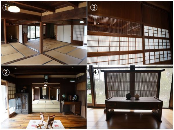 ①千両宝辺としてイベントに開放しているスペース<br>②長い年月、人の暮らしを支えてきた柱や建具などが趣のある雰囲気を醸し出している<br>③夏には一部を取り外すと風通しがよくなる工夫が施された建具④作家さんの作品や、松原さんが仕事先で譲り受けたアンティークなどがセンスよく飾られている