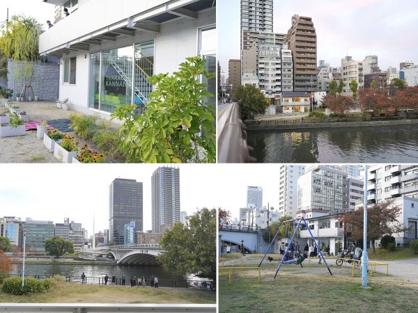（左上）南天満公園と繋がっている1階の出入り口（右上）天満橋の上からも一際目立つ外観（左下）テラスかんなんのバルコニーからの眺望（右下）南天満公園と一体になった「テラスかんなん」