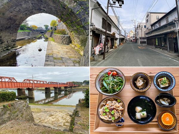 上左／HIKEの西側を流れる高瀬裏川。手前の「高瀬眼鏡橋」と奥の「秋丸眼鏡橋」はいずれも江戸時代の石橋だ。水辺は公園になっており、5月から6月には約66000本の花菖蒲が咲く　上右／HIKEのある高瀬の街並み。江戸時代に建てられた築200年、300年の古民家が今も残り、老舗の酒屋やお酢、味噌、醤油の醸造元や茶舗、菓子店などが軒を連ねる　下左／菊池川には江戸時代の船着き場の痕跡が残る。写真手前の石積みがそれだ。川に架かる鉄橋は、煉瓦の橋脚が明治、その上のトラス式橋梁が大正のもの。複線化に伴って昭和に手前の橋が架けられた。4つの時代の土木構造物が集まり、ここが交通の要衝であり続けた歴史を感じさせる　下右／HIKEの秋のランチセットの一例。炊き込みご飯は玉名郡和水町の無農薬米に熊本県天草産の芽ひじき。デザートには玉名郡玉東町の果樹園から季節の果物を仕入れている。ほかにも、熊本の郷土料理「だご汁」や玉名郡南関町特産の「南関揚げ」を使ったいなり寿司が名物だ。「旅人に、ここでしか味わえない家庭料理を楽しんでもらいたい」と佐藤さん夫妻