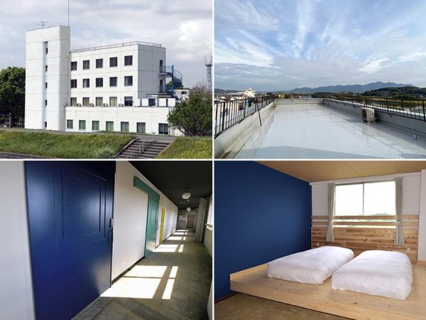 上左／改修前のHIKE外観。今は開放的なラウンジになっている2階も、以前は小さな窓が並んでいた　上右／HIKE屋上。周囲に高い建物が少なく、東西両側が川に面しているため、見晴らしは抜群　下左／客室階の廊下。間取りは病院時代とほとんど変えていない。病院の痕跡を残す引き戸には額縁状の飾りを付けて鮮やかな色を塗り、印象を一変させた　下右／ツインの客室。木の小上がりにマットレスを並べた。客室の設計や共用設備には、夫妻の旅の経験が生きている。ほかにシングル、定員6人･8人のファミリールーム、和室がある。相部屋のドミトリーも用意したが、2020年11月現在、コロナ対策のため営業してない（上右以外の写真提供：HIKE）