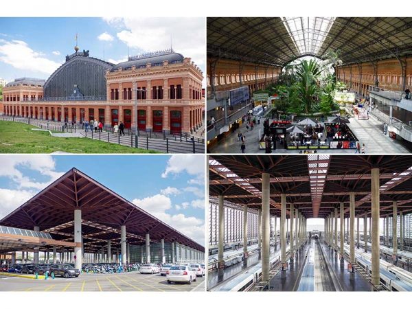 アトーチャ駅。上2点が旧駅舎、下2点は新駅。1984年〜92年と2007〜12年の2度にわたって拡張工事が行われている。「プラットフォームの円柱が並ぶ大空間は壮観です。古典の崇高ささえ感じられます」