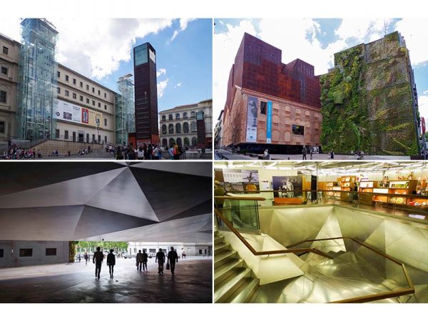 左上の写真がソフィア王妃芸術センター。建物の反対側にヌーヴェル棟がある。他3点はカイシャ・フォーラム。煉瓦の建物の上に増築し、さらに建物の基部も掘り込んで、まったく新しい環境につくりかえている
