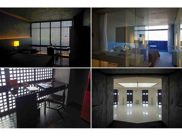 ホテル･プエルタ･アメリカ･マドリード。右上の写真がリチャード･グラックマンデザインの客室。他3点は磯崎新デザインのフロア。右下写真のエレベーターホールもデザインしている。左下写真の椅子も磯崎のモンロー･チェア。「マリリン･モンローの曲線を使った椅子です。それだけなのに、力学的あるいは人間工学的に設計したように見えてしまう。モダニズム建築や現代社会に対する痛烈な皮肉になっています」
